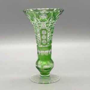 Vintage Emerald Green Cut-to-Clear Bohemian Crystal Vase Czech Overlay